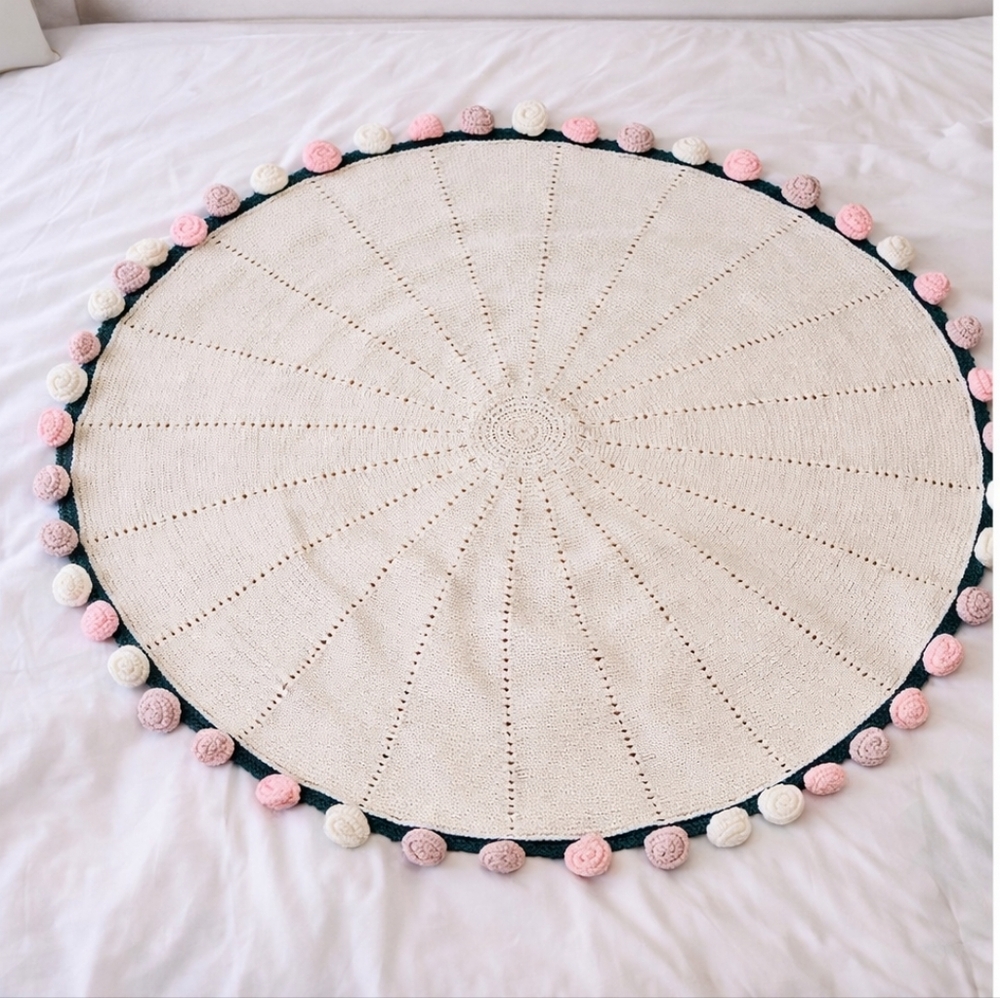 Round Knit Cream W/ Pom Poms Hand  Knit Baby Blanket/playmat. ✨️New✨️